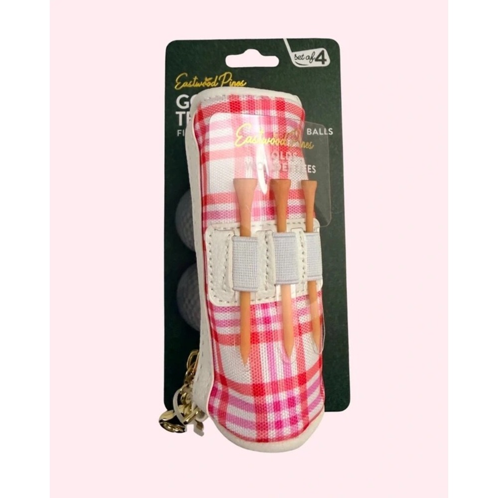 Eastwood Pines Pink Plaid Golf Ball and Tee Pouch with 3 Wooden Tees